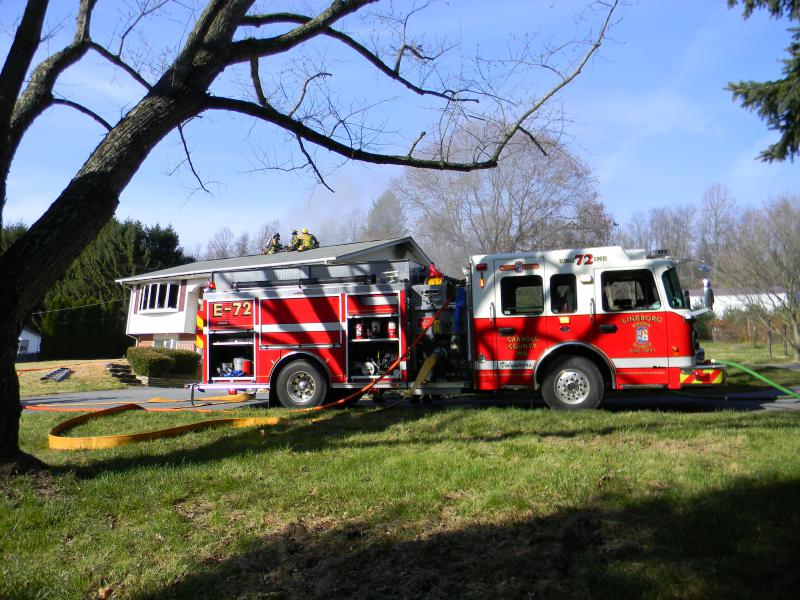 2015-11-26 Thanksgiving Morning: 09:49 
HOUSE FIRE 3600 BLK OF LINEBORO RD 
BOX:0707 
DUE:E72 E43 YE52-1 E23 T2 YT49 ET73 ET44 YBR59 X79 CS2
Station 7 was alerted for a house fire in the first due. E72 arrived on location with a working fire in a single family dwelling. Chief 7 established command. Crew from E72 made initial fire attack on the charlie side of the structure while the crew from ET73 pulled a second handline and conducted a primary search. Mutual aid companies arrived and assisted with ventilation and overhaul. Units E72, ET73, AU7, B76, U7, X79 all responded from LVFD with 23 members.
